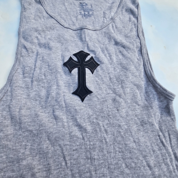 Grey Tank Top Goth Cross Chrome Hearts Looking Top - Picture 3 of 16